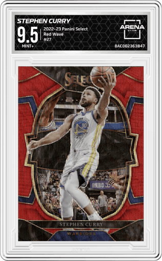 Stephen Curry from the 2022-23 Panini Select set featuring a Red Wave parallel graded by Arena Club and given an overall grade of 9.5.