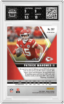 Patrick Mahomes II from the 2020 Panini Mosaic set featuring a Reactive Blue parallel graded by Arena Club and given an overall grade of 9.5.