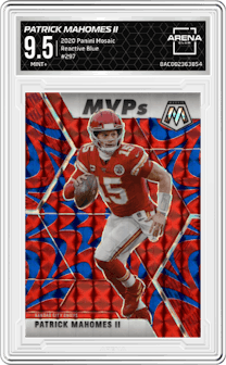 Patrick Mahomes II from the 2020 Panini Mosaic set featuring a Reactive Blue parallel graded by Arena Club and given an overall grade of 9.5.