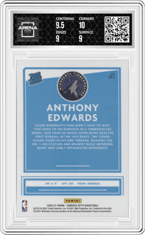 Anthony Edwards from the 2020-21 Panini Donruss Optic set graded by Arena Club and given an overall grade of 9.5.