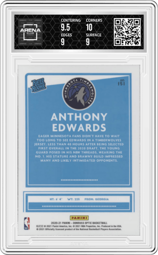 Anthony Edwards from the 2020-21 Panini Donruss Optic set graded by Arena Club and given an overall grade of 9.5.