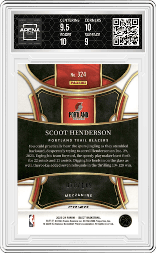 Scoot Henderson from the 2023-24 Panini Select  set featuring a White Prizm parallel graded by Arena Club and given an overall grade of 9.5.