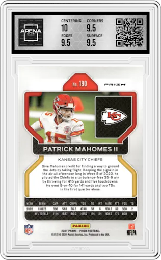 Patrick Mahomes II from the 2021 Panini Prizm set featuring a Red/White/Blue Prizm parallel graded by Arena Club and given an overall grade of 10.