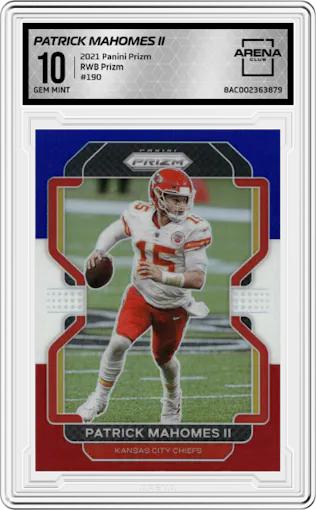Patrick Mahomes II from the 2021 Panini Prizm set featuring a Red/White/Blue Prizm parallel graded by Arena Club and given an overall grade of 10.