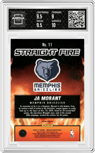 Ja Morant from the 2020-21 Panini Mosaic set graded by Arena Club and given an overall grade of 9.5.