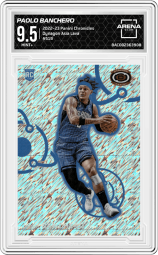 Paolo Banchero from the 2022-23 Panini Chronicles  set featuring a Asia Lava parallel graded by Arena Club and given an overall grade of 9.5.