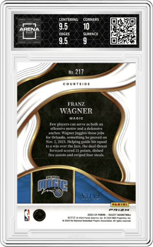 Franz Wagner from the 2023-24 Panini Select  set featuring a Disco  Light Blue parallel graded by Arena Club and given an overall grade of 9.5.