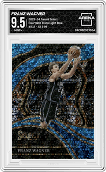 Franz Wagner from the 2023-24 Panini Select  set featuring a Disco  Light Blue parallel graded by Arena Club and given an overall grade of 9.5.