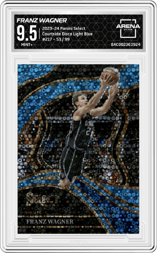 Franz Wagner from the 2023-24 Panini Select  set featuring a Disco  Light Blue parallel graded by Arena Club and given an overall grade of 9.5.