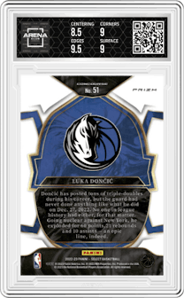 Luka Doncic from the 2022-23 Panini Select set featuring a Red Wave parallel graded by Arena Club and given an overall grade of 9.