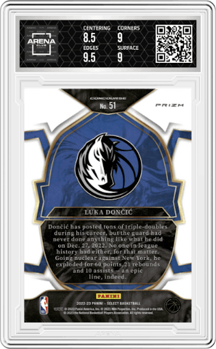 Luka Doncic from the 2022-23 Panini Select set featuring a Red Wave parallel graded by Arena Club and given an overall grade of 9.