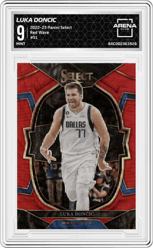 Luka Doncic from the 2022-23 Panini Select set featuring a Red Wave parallel graded by Arena Club and given an overall grade of 9.