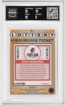 Scoot Henderson from the 2023-24 Panini Contenders Optic set graded by Arena Club and given an overall grade of 9.5.