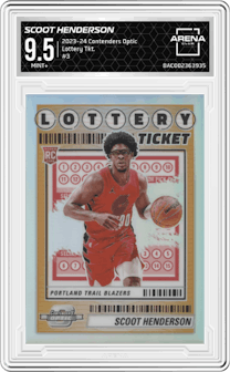Scoot Henderson from the 2023-24 Panini Contenders Optic set graded by Arena Club and given an overall grade of 9.5.