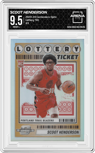 Scoot Henderson from the 2023-24 Panini Contenders Optic set graded by Arena Club and given an overall grade of 9.5.