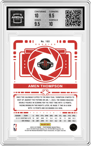 Amen Thompson from the 2023-24 Panini Photogenic set graded by Arena Club and given an overall grade of 10.
