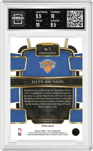 Jalen Brunson from the 2023-24 Panini Select  set featuring a White Prizm parallel graded by Arena Club and given an overall grade of 9.
