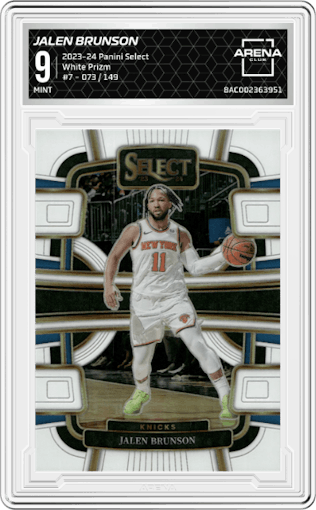 Jalen Brunson from the 2023-24 Panini Select  set featuring a White Prizm parallel graded by Arena Club and given an overall grade of 9.