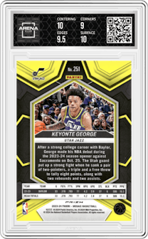 Keyonte George from the 2023-24 Panini Mosaic set featuring a Mosaic parallel graded by Arena Club and given an overall grade of 9.5.