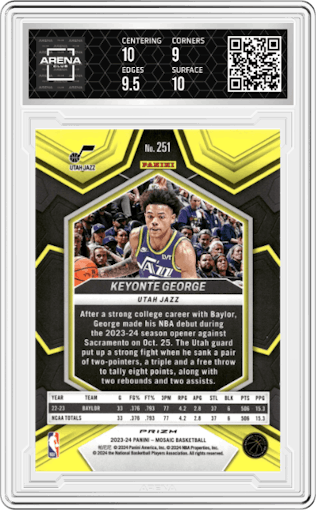 Keyonte George from the 2023-24 Panini Mosaic set featuring a Mosaic parallel graded by Arena Club and given an overall grade of 9.5.