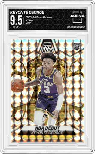 Keyonte George from the 2023-24 Panini Mosaic set featuring a Mosaic parallel graded by Arena Club and given an overall grade of 9.5.