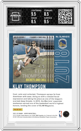 Klay Thompson from the 2021-22 Panini NBA Hoops set graded by Arena Club and given an overall grade of 9.
