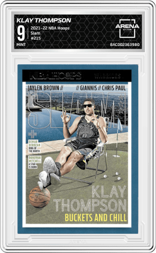 Klay Thompson from the 2021-22 Panini NBA Hoops set graded by Arena Club and given an overall grade of 9.