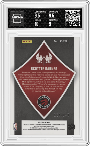 Scottie Barnes from the 2021-22 Panini Chronicles set featuring a Red parallel graded by Arena Club and given an overall grade of 9.5.