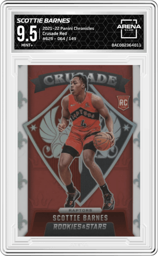 Scottie Barnes from the 2021-22 Panini Chronicles set featuring a Red parallel graded by Arena Club and given an overall grade of 9.5.
