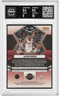 Jalen Green from the 2021-22 Panini Mosaic  set featuring a Red Mosaic parallel graded by Arena Club and given an overall grade of 9.5.