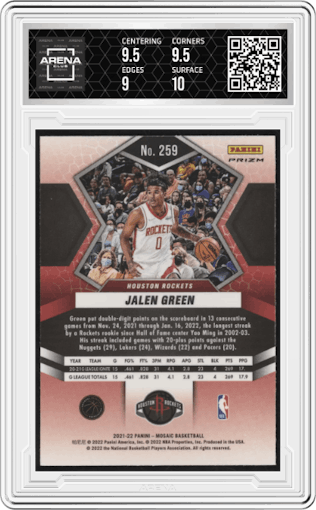 Jalen Green from the 2021-22 Panini Mosaic  set featuring a Red Mosaic parallel graded by Arena Club and given an overall grade of 9.5.