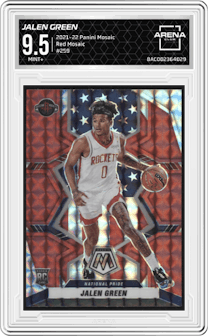 Jalen Green from the 2021-22 Panini Mosaic  set featuring a Red Mosaic parallel graded by Arena Club and given an overall grade of 9.5.