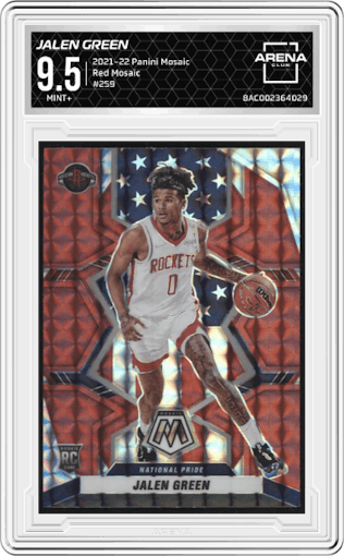 Jalen Green from the 2021-22 Panini Mosaic  set featuring a Red Mosaic parallel graded by Arena Club and given an overall grade of 9.5.