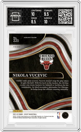Nikola Vucevic from the 2021-22 Panini Select set featuring a Gold Wave parallel graded by Arena Club and given an overall grade of 9.