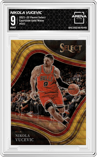 Nikola Vucevic from the 2021-22 Panini Select set featuring a Gold Wave parallel graded by Arena Club and given an overall grade of 9.