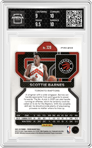 Scottie Barnes from the 2021-22 Panini Prizm  set featuring a Factory Box Set parallel graded by Arena Club and given an overall grade of 9.5.