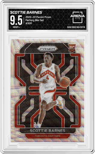 Scottie Barnes from the 2021-22 Panini Prizm  set featuring a Factory Box Set parallel graded by Arena Club and given an overall grade of 9.5.