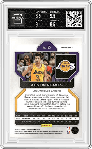 Austin Reaves from the 2021-22 Panini Prizm  set featuring a Silver Wave parallel graded by Arena Club and given an overall grade of 9.