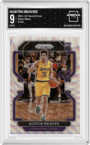 Austin Reaves from the 2021-22 Panini Prizm  set featuring a Silver Wave parallel graded by Arena Club and given an overall grade of 9.