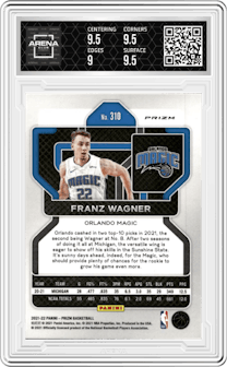 Franz Wagner from the 2021-22 Panini Prizm  set featuring a Silver Wave parallel graded by Arena Club and given an overall grade of 9.5.