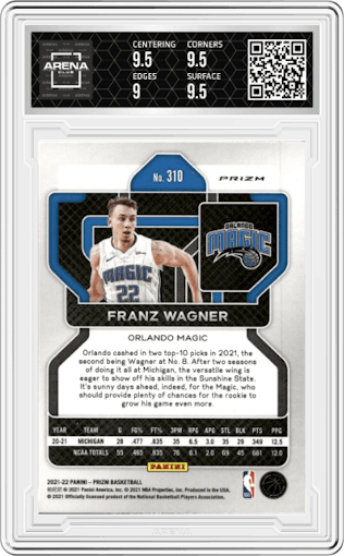 Franz Wagner from the 2021-22 Panini Prizm  set featuring a Silver Wave parallel graded by Arena Club and given an overall grade of 9.5.