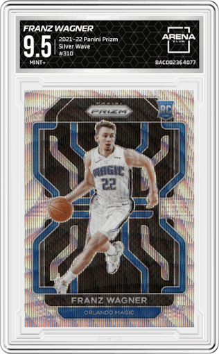 Franz Wagner from the 2021-22 Panini Prizm  set featuring a Silver Wave parallel graded by Arena Club and given an overall grade of 9.5.
