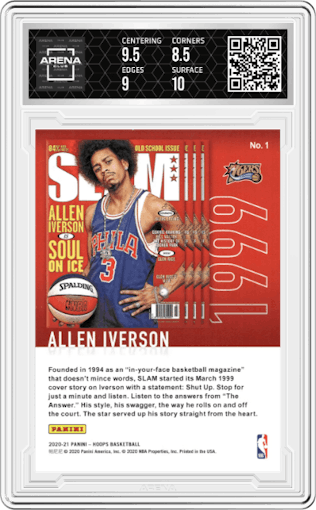 Allen Iverson from the 2020-21 Panini NBA Hoops set graded by Arena Club and given an overall grade of 9.