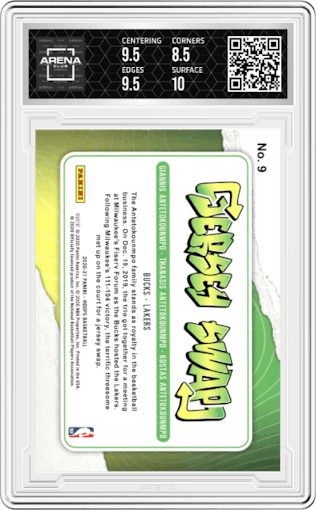 Giannis Antetokounmpo/Kostas Antetokounmpo/Thanasis Antetokounmpo from the 2020-21 Panini NBA Hoops set graded by Arena Club and given an overall grade of 9.