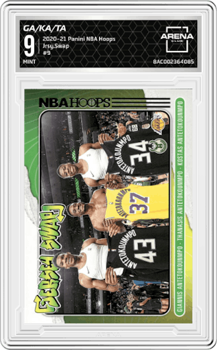Giannis Antetokounmpo/Kostas Antetokounmpo/Thanasis Antetokounmpo from the 2020-21 Panini NBA Hoops set graded by Arena Club and given an overall grade of 9.