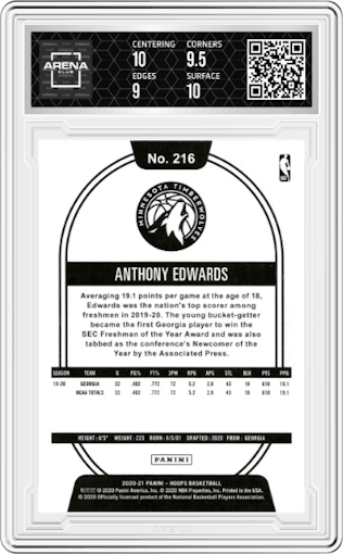 Anthony Edwards from the 2020-21 Panini NBA Hoops set graded by Arena Club and given an overall grade of 9.5.
