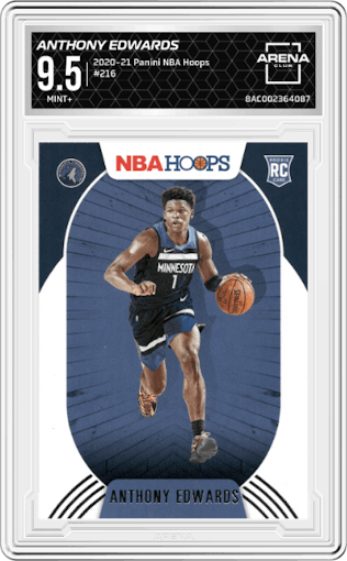 Anthony Edwards from the 2020-21 Panini NBA Hoops set graded by Arena Club and given an overall grade of 9.5.