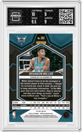 Brandon Miller from the 2023-24 Panini Mosaic set featuring a Reactive Blue parallel graded by Arena Club and given an overall grade of 9.5.