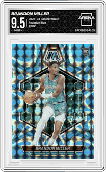 Brandon Miller from the 2023-24 Panini Mosaic set featuring a Reactive Blue parallel graded by Arena Club and given an overall grade of 9.5.