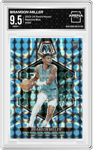 Brandon Miller from the 2023-24 Panini Mosaic set featuring a Reactive Blue parallel graded by Arena Club and given an overall grade of 9.5.